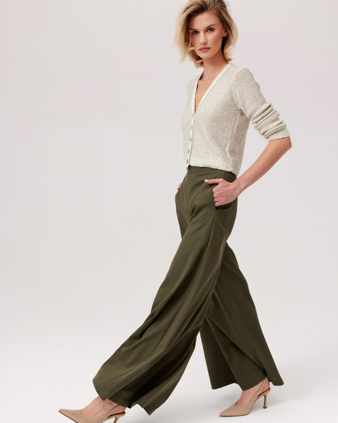 FLOW  Spodnie palazzo z wysokim stanem, khaki