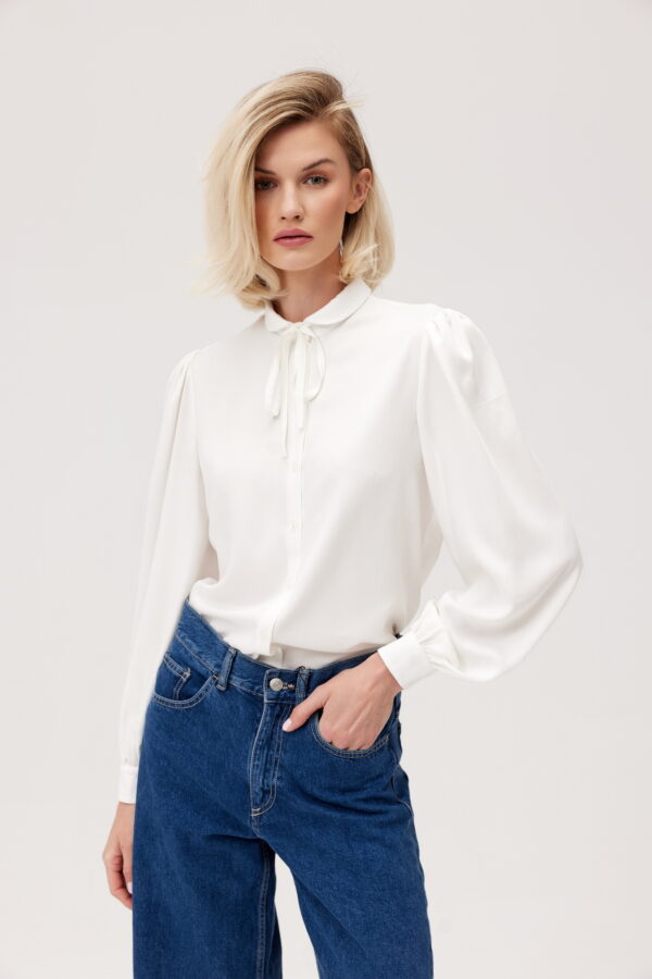 BLUZKA MARY LOU Z BUFIASTYMI RĘKAWAMI I WIĄZANIEM- BIAŁA