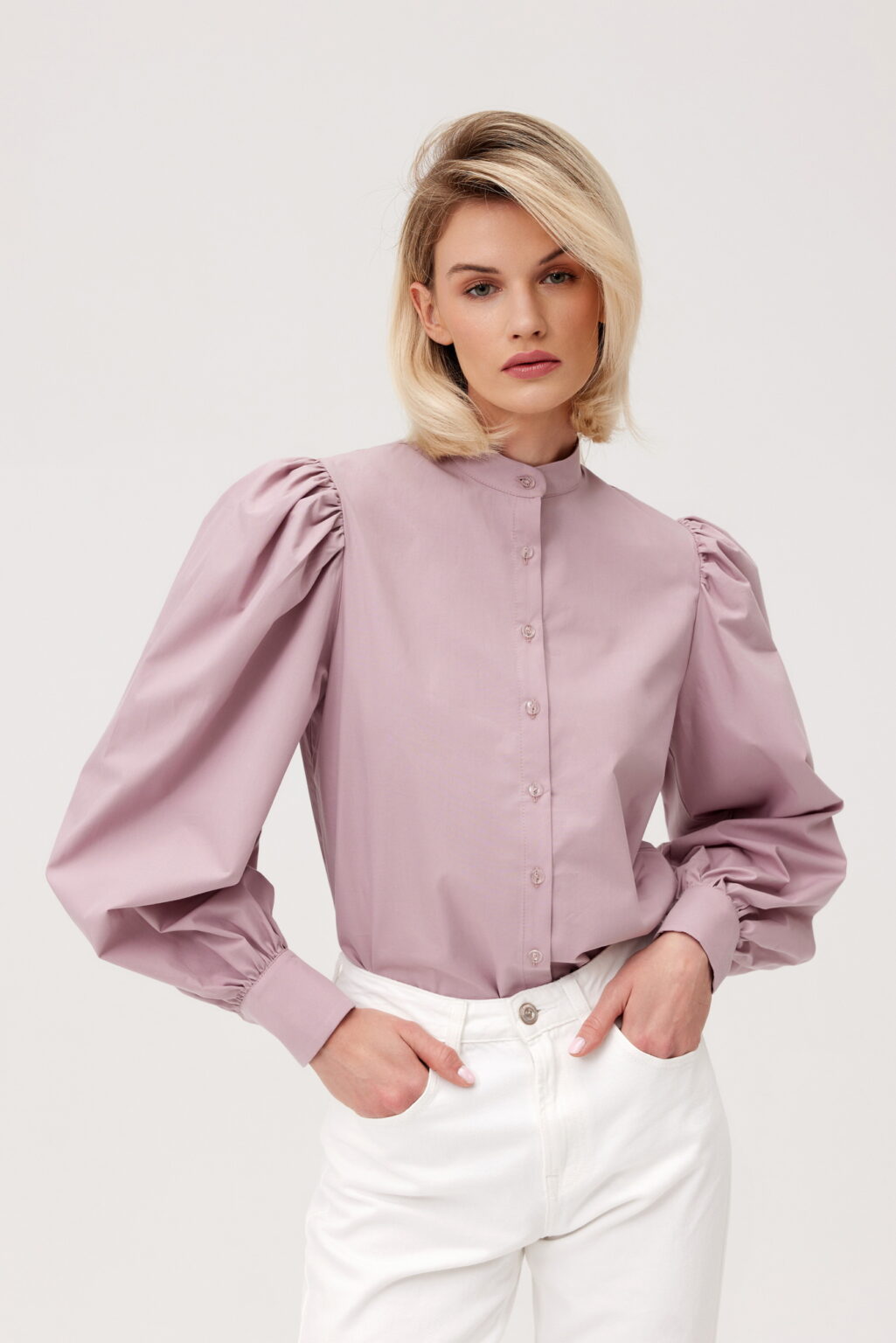 KOSZULA MIST Z BUFIASTYMI RĘKAWAMI I STÓJKĄ- PUDROWY RÓŻ