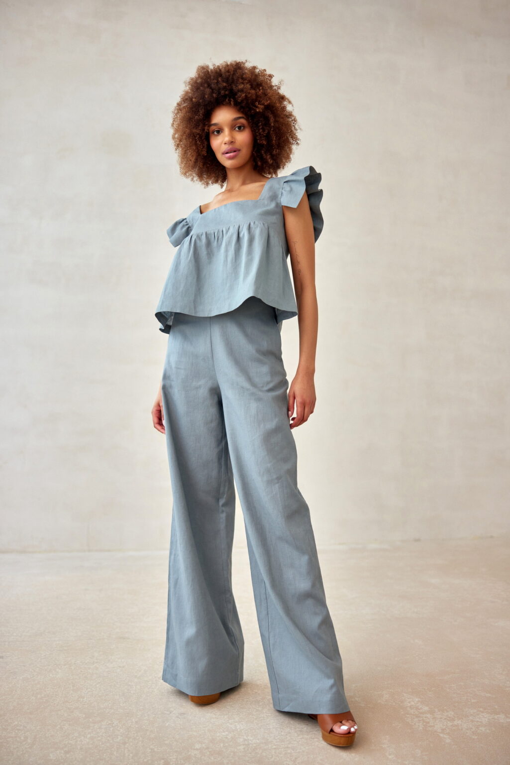 LNIANE SPODNIE LUCCA (tall) i TOP Z FALBANAMI ZESTAW - NIEBIESKIE