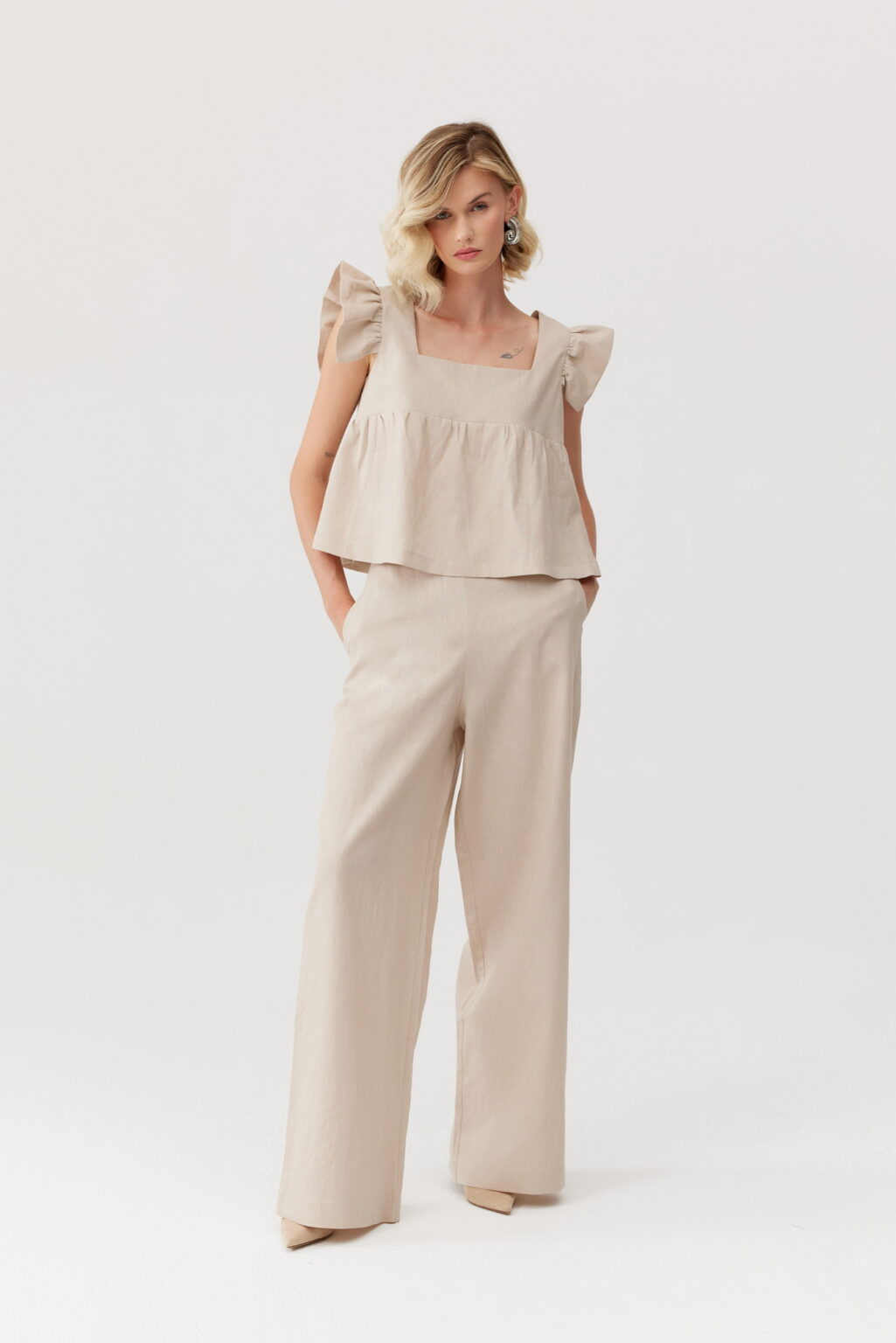 LNIANE SPODNIE LUCCA (tall) i TOP Z FALBANAMI MELODY- ZESTAW - BEŻOWY
