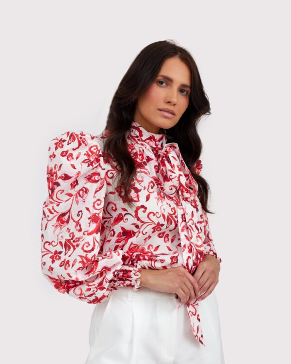 Koszula bawełniana Fiore z wiązaniem pod szyją i bufiastym rękawem